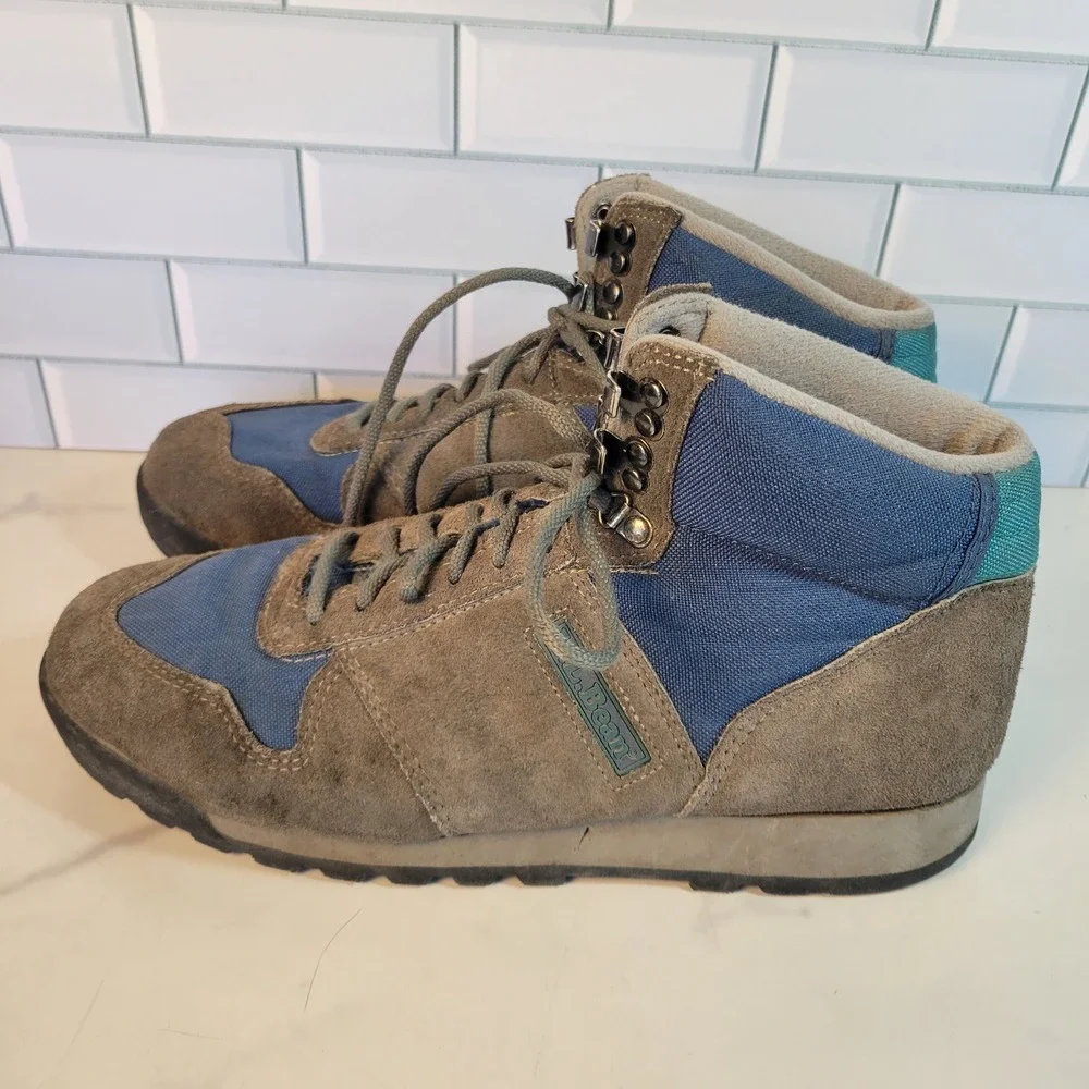VTG LL Bean Merrell Mens Hiking Boots Sz 10 Brown Blue Suede Canvas Trail Shoes